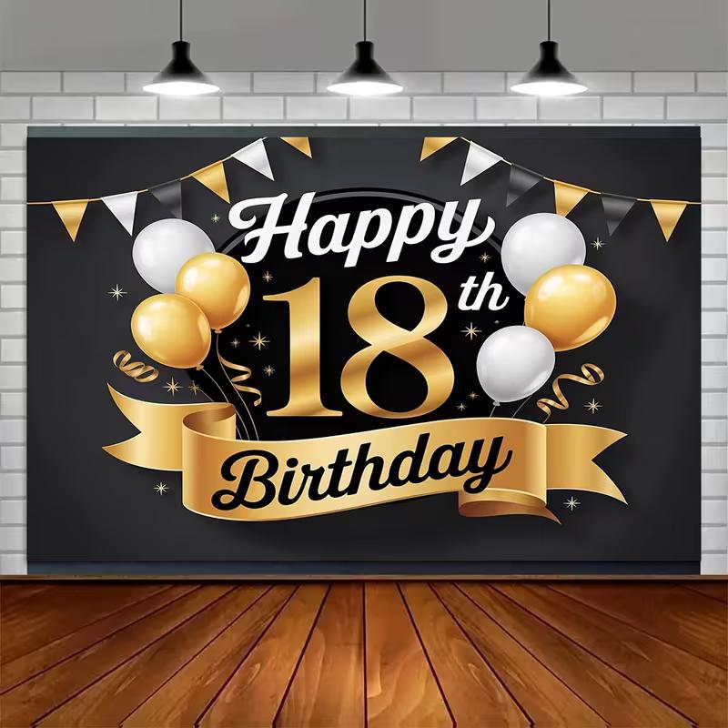 2D Elegant Black Gold 18th Happy Birthday Background Cloth with Ribbon Banner