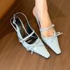 2025 spring and summer new bow medium high heels women's bag head sandals one-word buckle with pointed head empty single shoes women