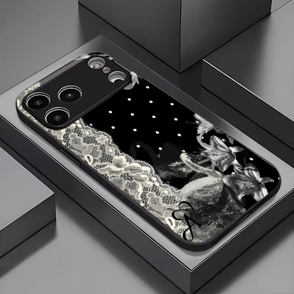 Black & White Swan Lace phone case mobile phones for iphone 17 pro max cover Glass for iPhone 17 16 15 14 13 12 11pm Pro Plus