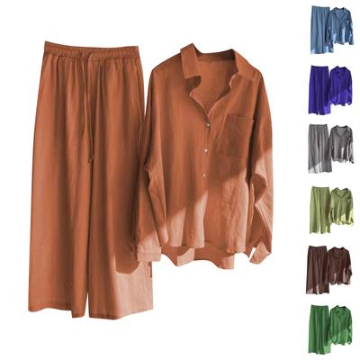 Γυναικείο Σετ Μονόχρωμο Βαμβακολινό Πουκάμισο Μακρυμάνικο Ψηλόμεσο Φαρδύ Παντελόνι Σετ Δύο Τεμαχίων