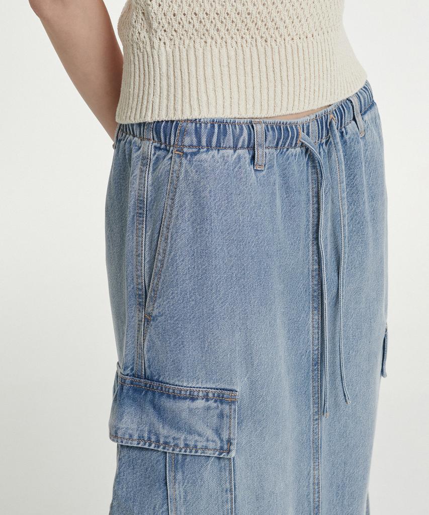Musinsa Standard Woman Women'S Denim Cargo Elastic Waist Maxi Skirt [Light Indigo]