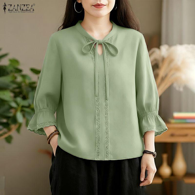 ZANZEA Womens Round Neck Casual 3/4 Sleeve Lace Patchwork Blouse