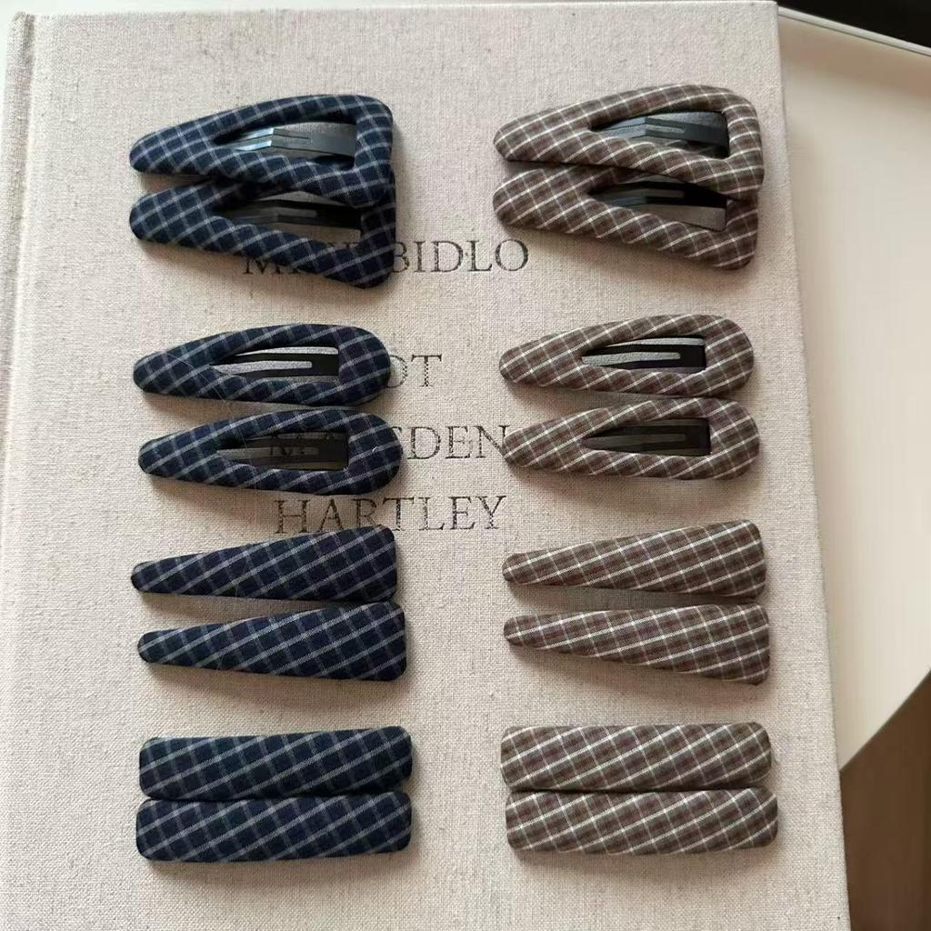 Korean Plaid Fabric BB Hair Clip, Dark Blue Retro Triangle Clip for Bangs