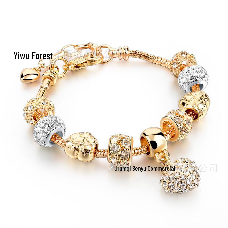 New Panjia Style Gold-Plated Beaded Bracelet with Full Diamond Love Design