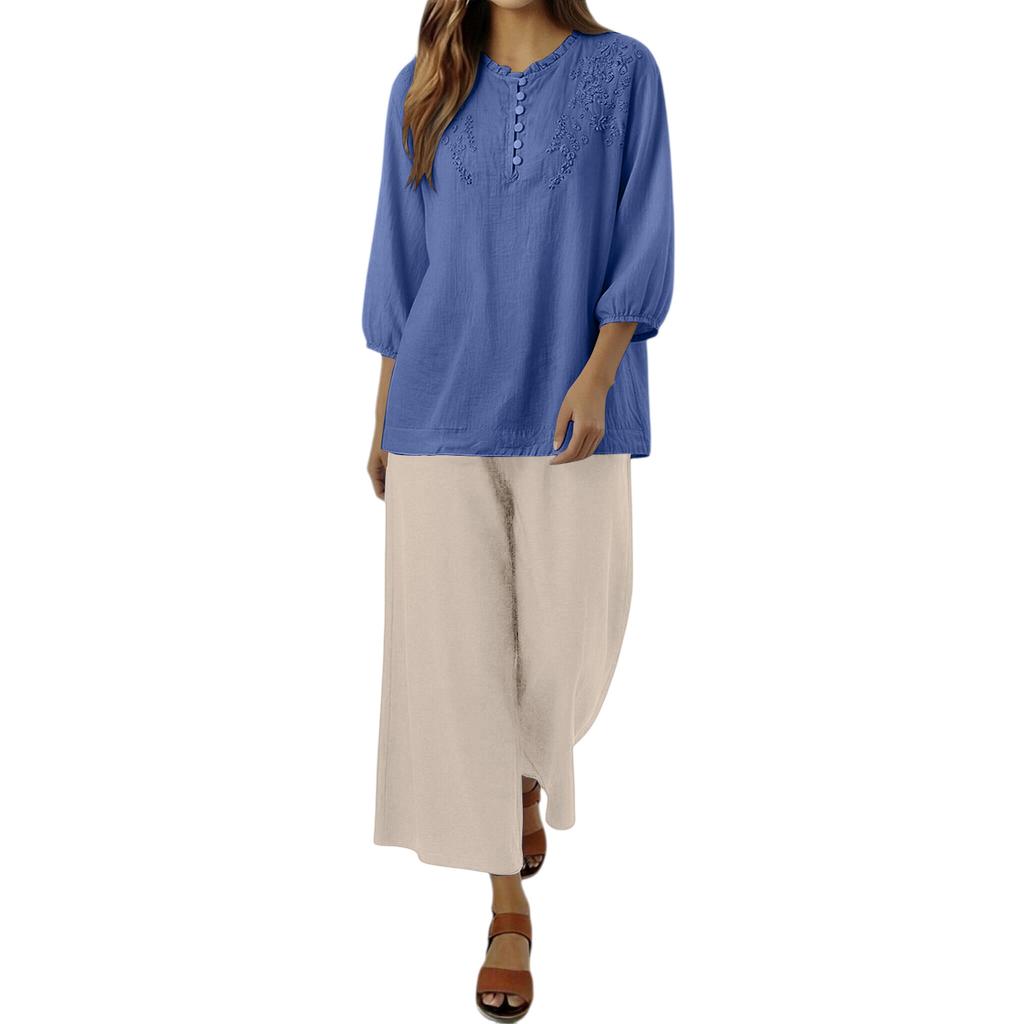 Women Embroidered Lace Loose Fit Three Quarter Sleeve Top and Wide Leg Pants Two Piece Set Casual Outfit Suit