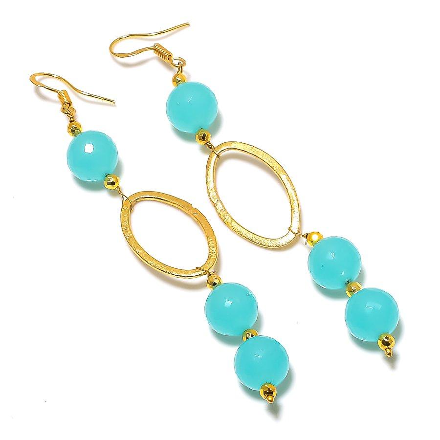 Blue Chalcedony Gemstone Handmade 925 Sterling Silver Jewelry Earring 3.74" GK-6247