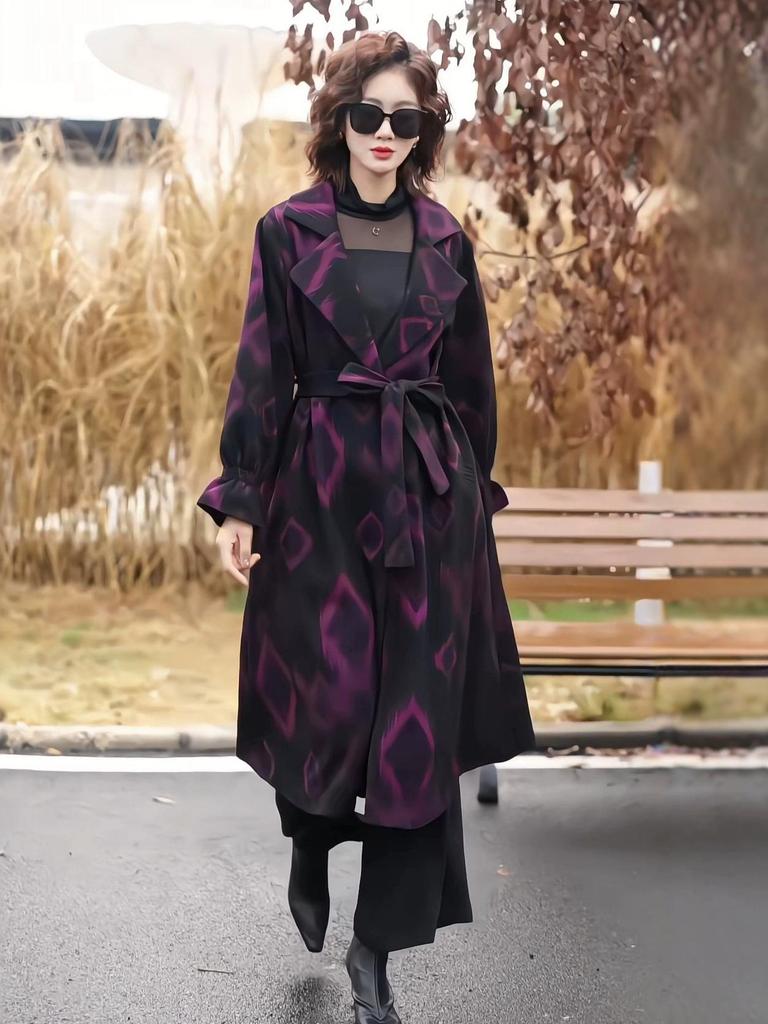 Women's Plus Size Hepburn Style Long Trench Coat - Autumn/Winter Knee-Length Cardigan with Waist-Cinching Belt