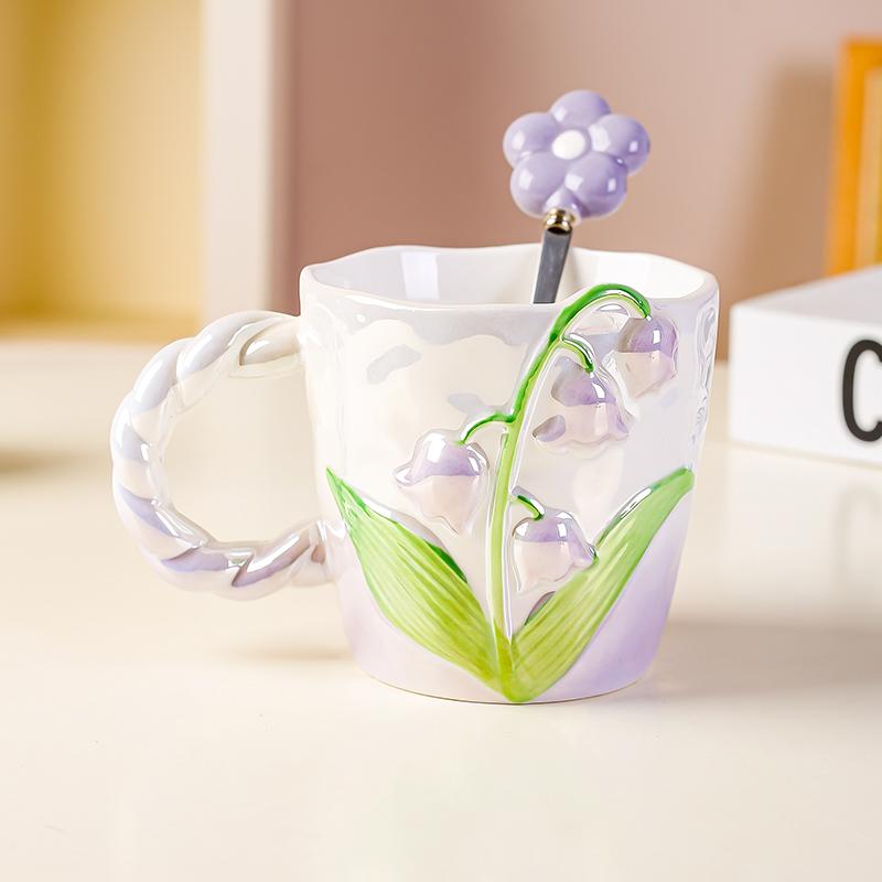 European Ceramic Lily of The Valley Cup with Spoon Three-dimensional Relief Flower Mug Exquisite Afternoon Tea Flower Teacup New
