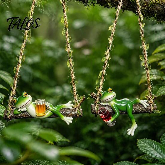 Whimsical Tree Hanging Sculpture 2Pcs Swing Frog Garden Statue with Hemp Rope, Ornament Beer/Wine Creative Landscaping Gifts for Outdoor Decor,