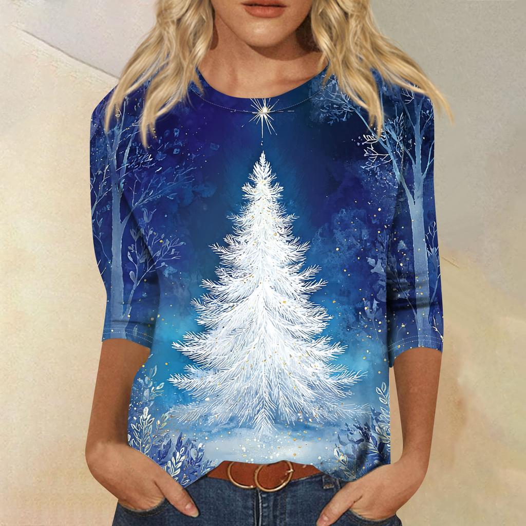Women's Fashion Casual Round Neck 3/4 Sleeve Loose Printed T-Shirt Ladies Top