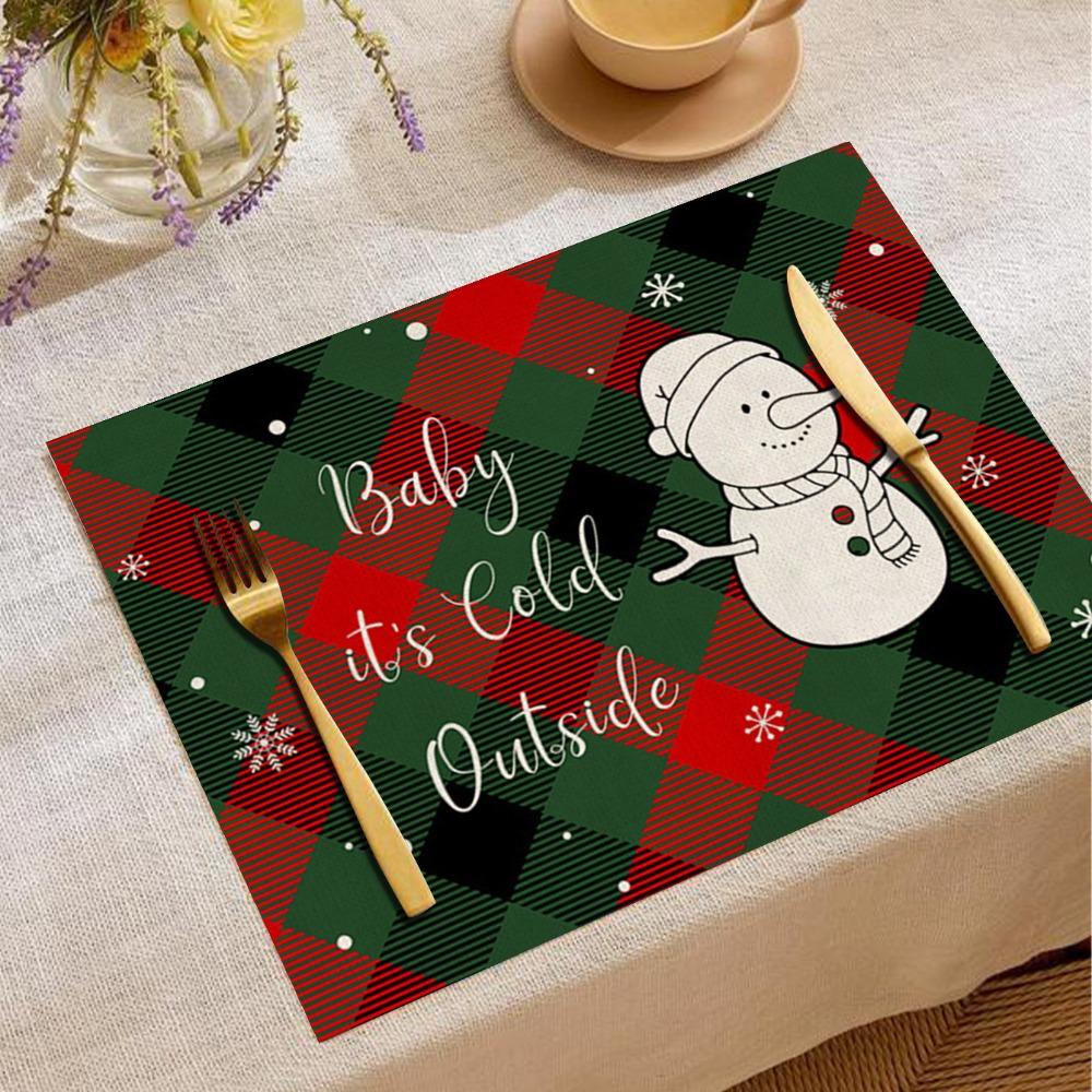 Christmas Xmas Snowflake Table Mat Red Green Plaid Holly Wreath Festive Placemat for Holiday Table Christmas Dinner Party Decor