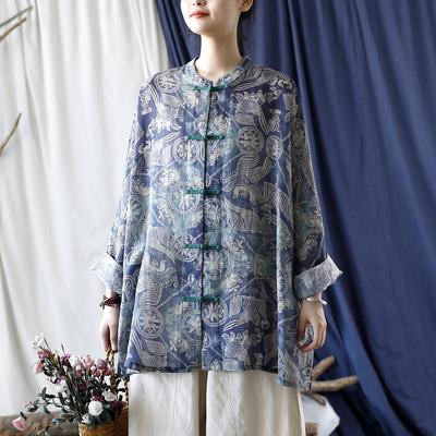 Women Ramie Vintage Shirts Bat Sleeve Print Floral Autumn Blouses Button High Quality Loose Women Shirts