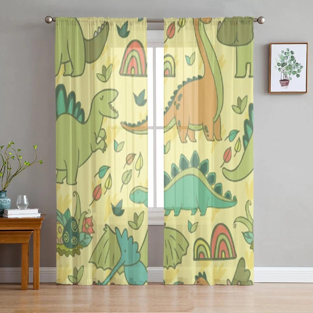 Animal Green Dinosaur Plant Tulle Sheer Window Curtains for Living Room Kitchen Children Bedroom Voile Hanging Curtain
