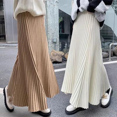 Pleated Skirt High Waist Slim Vintage A-Line Skirt  Autumn Winter Simple Classic Warm Female Knit Long Skirt