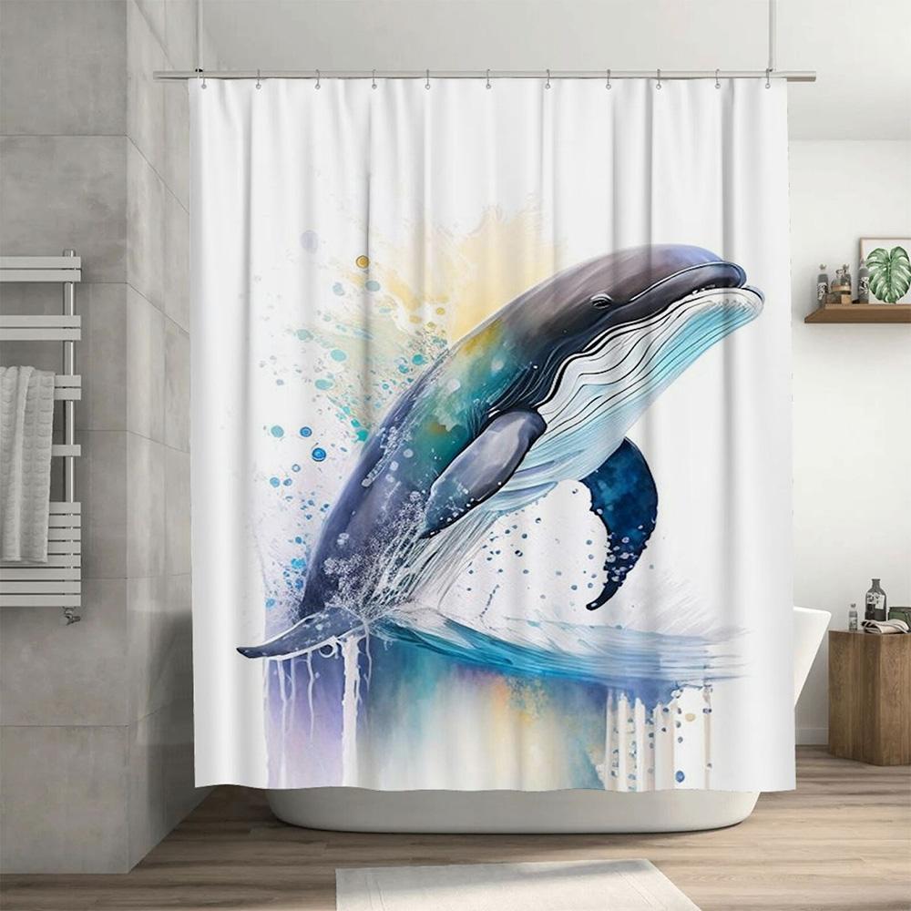 Whale Splash Watercolor Shower Curtain Oceanic Blue White Art Decor for Bathroom Polyester Fabric 72x78in (180cm x 198cm)
