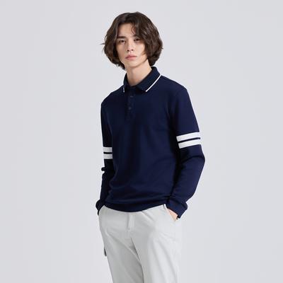 CHALLENGER Men'S Double-Line Color-Blocked Sleeve Collared Long Sleeve T-Shirt Navy