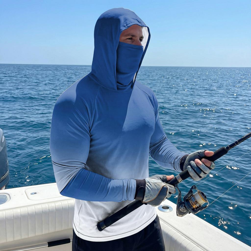 Men Raglan Sleeve Gradient Hooded Long Sleeve Sun Shirt Lightweight Pullover with Thumb Holes for Outdoor Activities