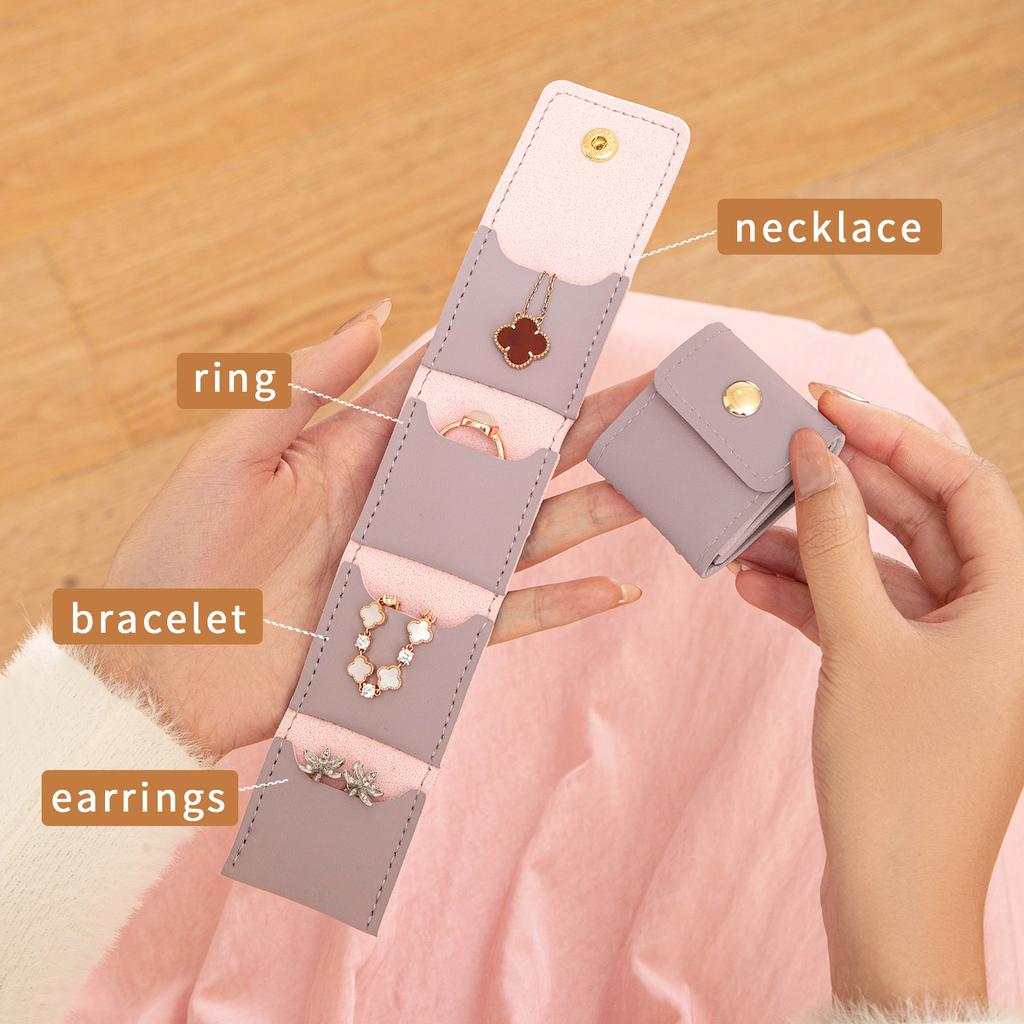 Mini Jewelry Organizer Roll Pouch PU Leather Travel Jewelry Case with Multiple Pockets for Necklace/Earring/Ring