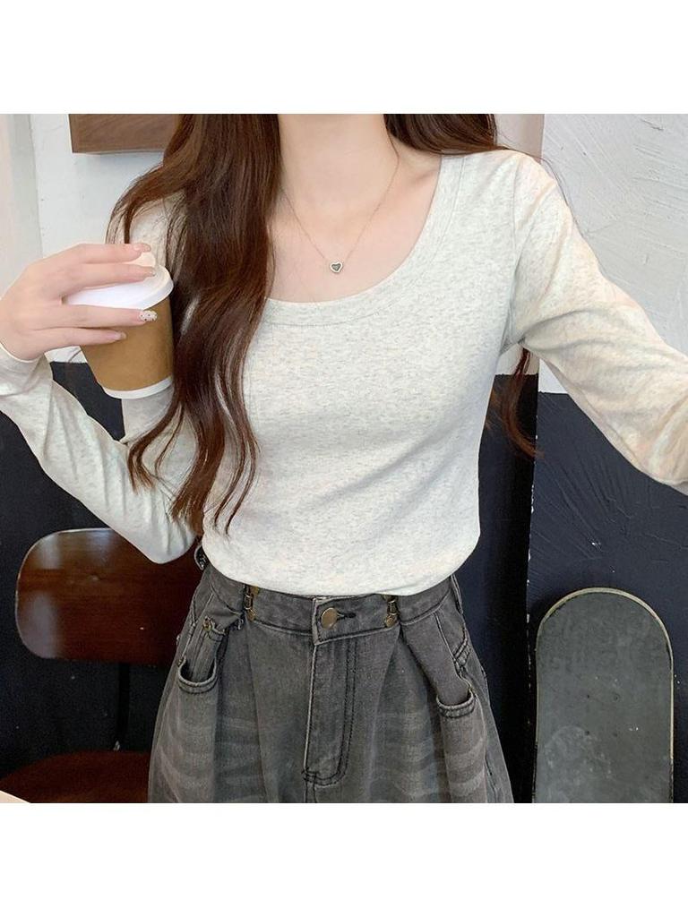 Women's Solid Color Raglan U-Neck Long Sleeve Slim Fit Base Layer Top for Spring and Autumn