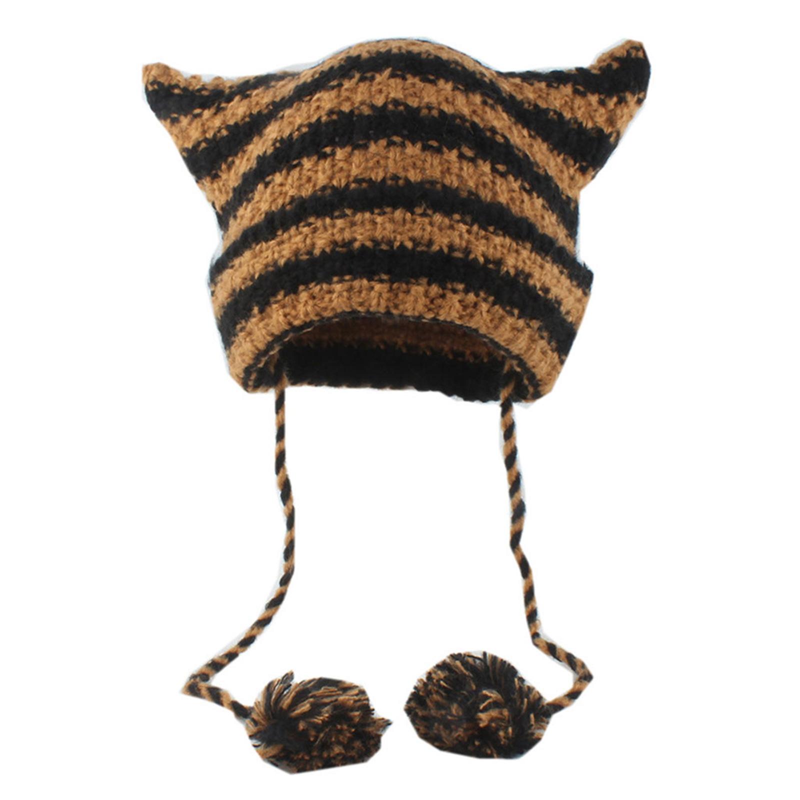 

Knit Striped 3D Cat Ear Hat Elastic Windproof Hat with Pom Pom Decor Ear Protector Hat Winter Cycling Skiing Hat 8