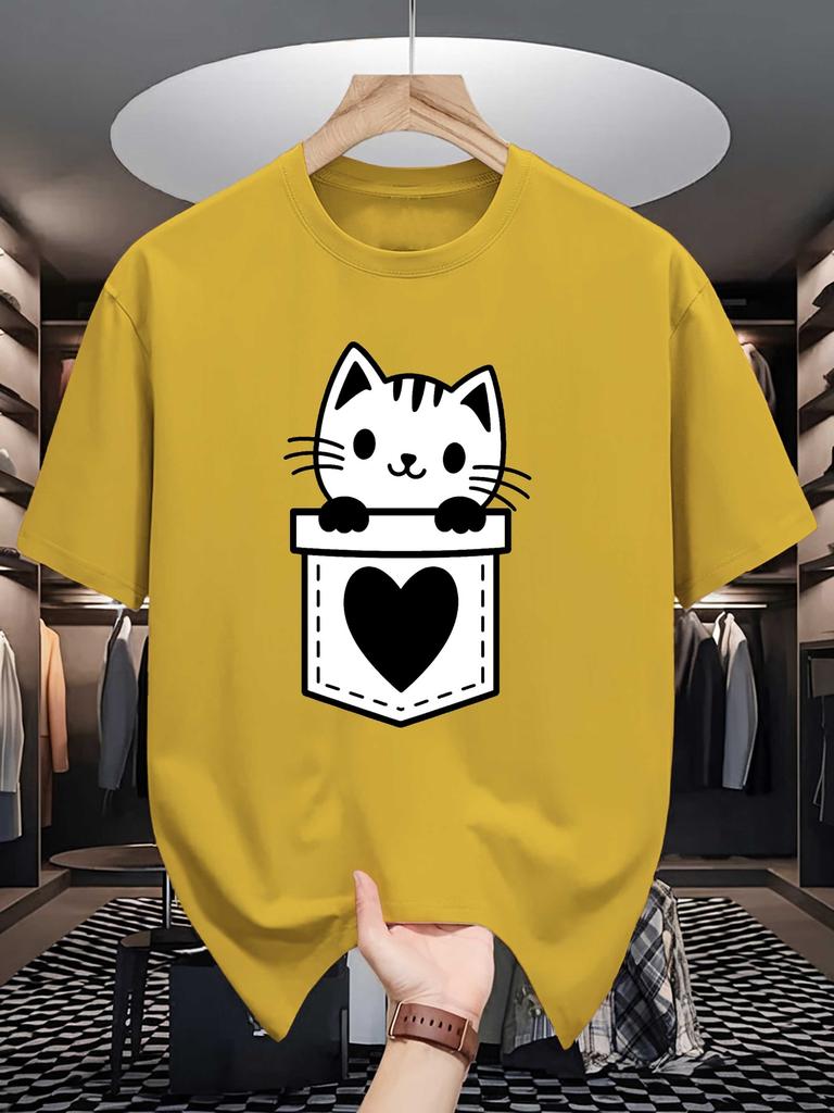 Unisex Crew Neck Tee Pocket Cat With Heart Cute Cartoon Print Soft Cotton Loose Short Sleeve Summer Casual Male Streetwear Tops