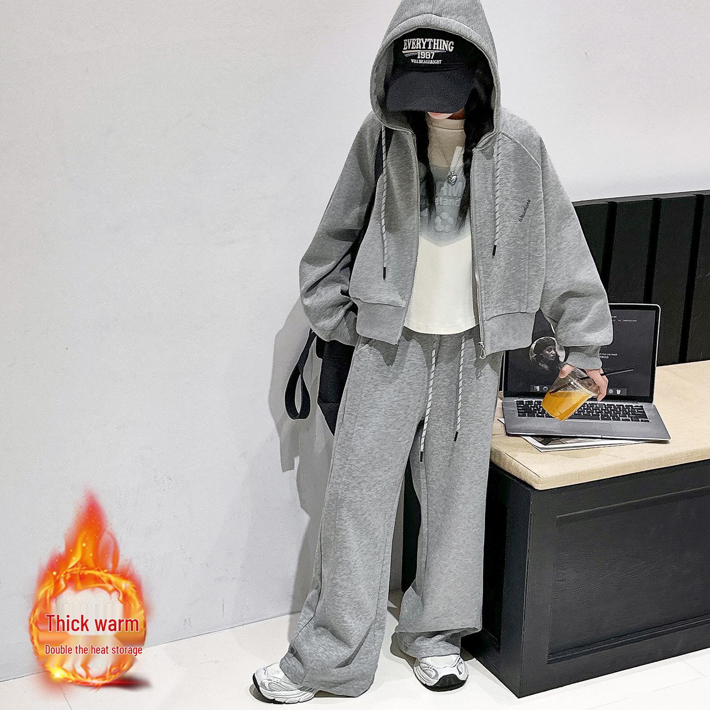 

Девочковый модный комплект-двойка на флисовой подкладке - Утепленная осенне-зимняя одежда 150cm серый