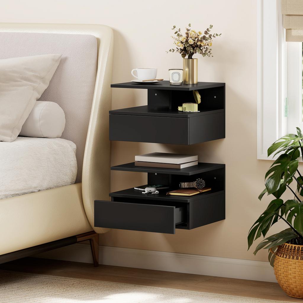 Set of 2 Wall-Mounted Nightstands, Drawer and Open Shelf, 35x32x22.5 cm, Black