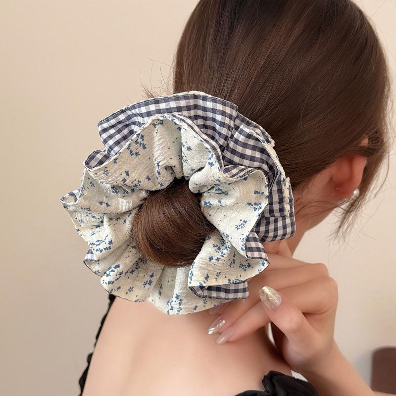 Vintage Stoff Karo Floral Scrunchie Für Frauen Französisch Großes Pferdeschwanz Seil Haargummi Elastisches Haarband Stirnband Haarschmuck