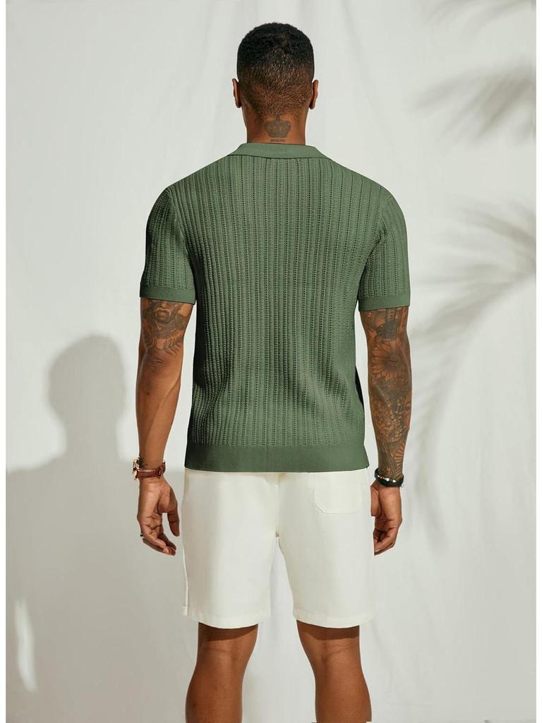 Men's Summer Cool Knit Short Sleeve Collared Shirt - Solid Color, Breathable, Hollow Out Design