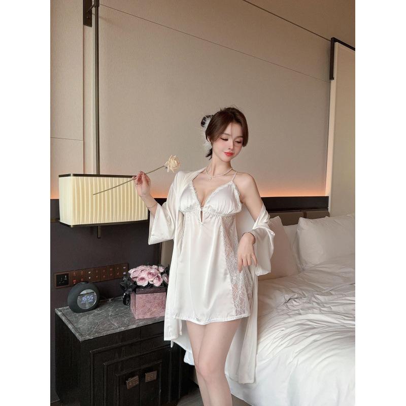 1011 New Sexy Ice Silk Pajama Dress Women's Chest Pad Suspender Pajama Lace V-Neck Satin Pajama Homewear