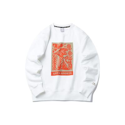 Anta Life Series Tiger Pattern Print Round-Neck Pullover Sweater New Year Edition Unisex Tops White 152218730-1