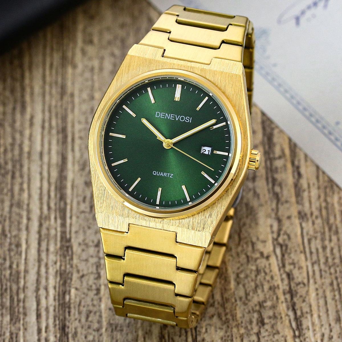 

Чоловічий кварцовий годинник у стилі бізнес-кежуал, мінімалістичний, ремінець з нержавіючої сталі, люмінесцентні стрілки, відображення дати, водонепроникний, чоловічі годинники зелений/золотий