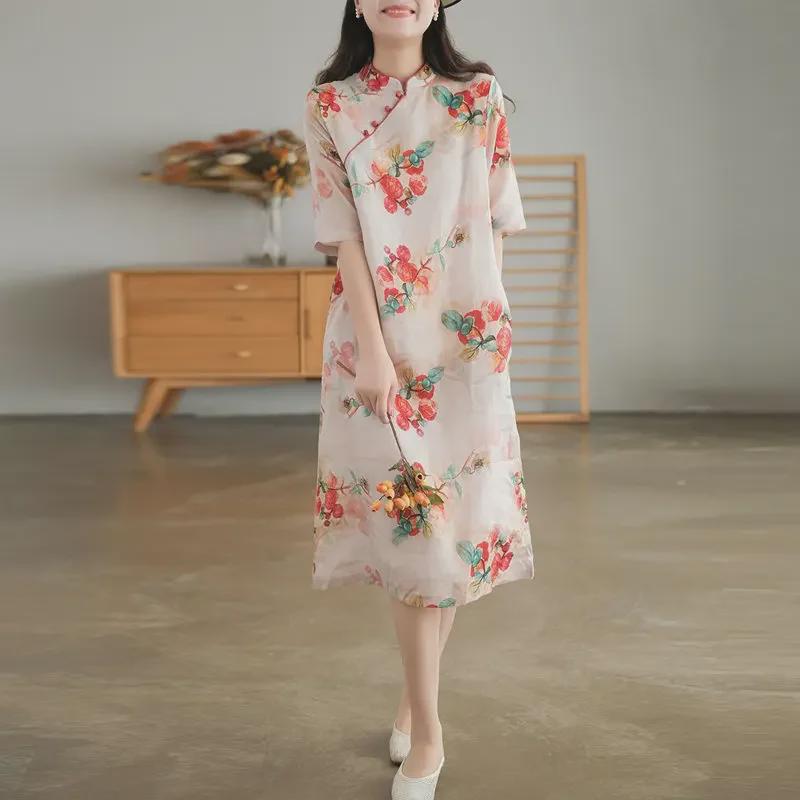 "2024 Summer Retro Ethnic Style Cheongsam Dress - Fashionable Cotton & Linen Skirt for Women"