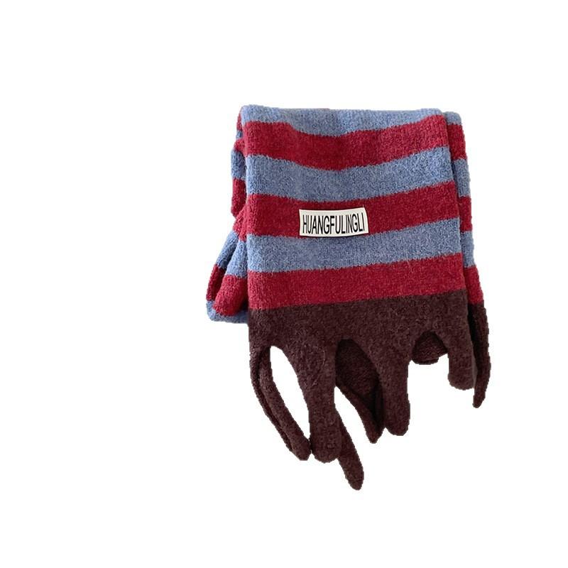 Korean Style Contrast Stripe College Style Wool Knitted Scarf for Women Winter New Warm and Versatile Large Tassel Scarf