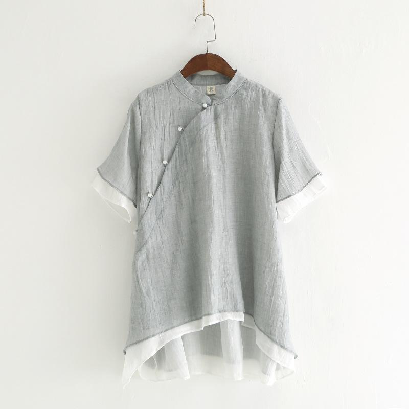 

Элегантная двухслойная рубашка в китайском стиле с классической литературой и искусством, летняя женская диагональная застежка на жемчужные пуговицы, короткий рукав One size серый