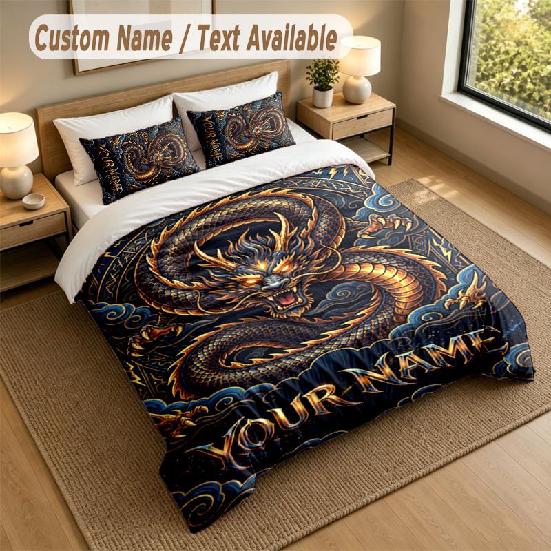 Dragon Phoenix Theme Personalized 3Pcs Bedding Set Custom Text & Name 1 Sheet 2 Pillowcases Household Bedding 1pc
