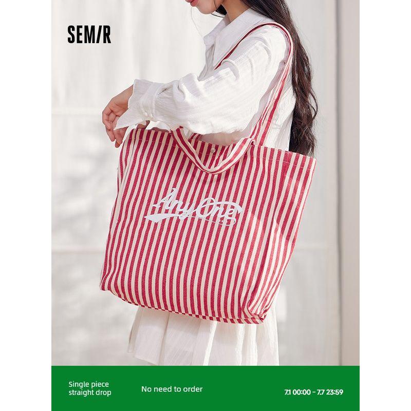 

Senma Bag Canvas Bag Women 2024 New Fashion Contrast Color Stripe Shoulder Bag Large Capacity Handbag Atmosphere Red and White tone 00361