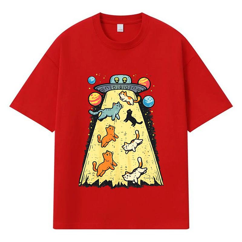 2026 Cats Abducted By UFO Printed Graphic Y2k Harajuku 100% Cotton T Shirt Casual Oversized Summer Men T-shirt