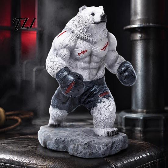 Realistic Bear Statue Resin Boxing Figurine, Muscle for Desk Decor, Small Ornament Brown White Sculpture Office and Home Display