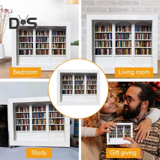 Anxiety Relief Mini Bookshelf Realistic Miniature Bookshelf Ornament with 300 Pcs Mini Book Wood Simulated Mini Bookshelf for Book Lovers Home Office