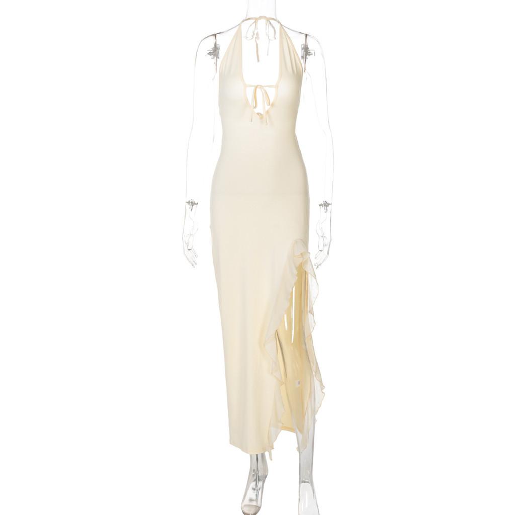 Vestito Sexy Scollo a V Schiena Scoperta per Donna con Bordi Arricciati e Vita Alta per la Primavera