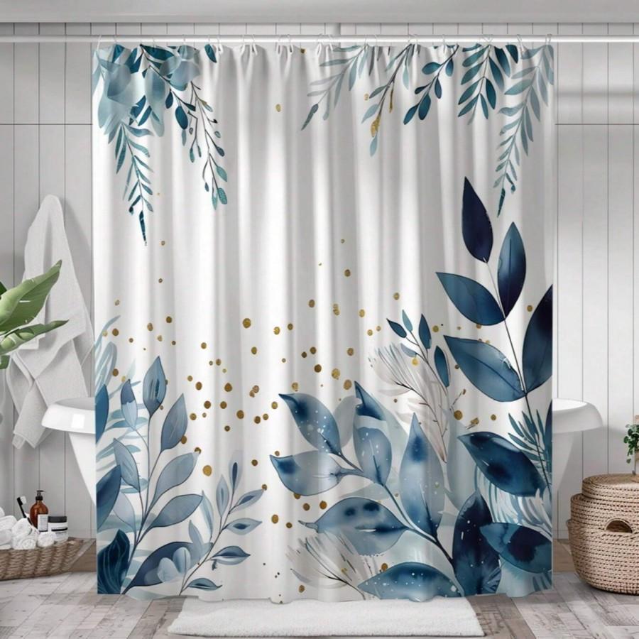 

Elegant Blue & Golden Leaf Shower Curtain, Polyester, No-Drill Hanging, Machine Washable, Modern Bathroom Accessory W90xH180cm