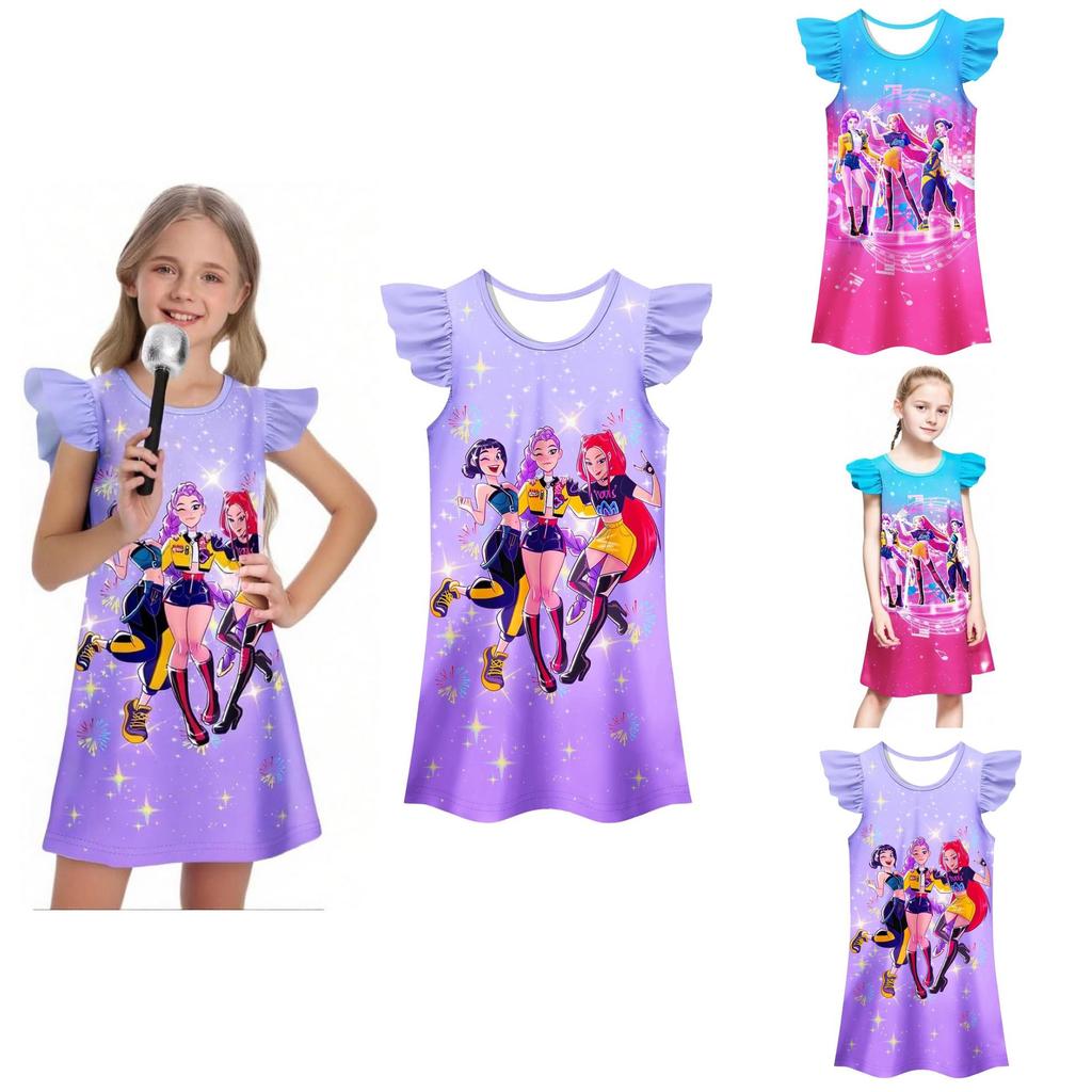 Kpop Demon Hunters Pattern Girl Sleep Dress With Cartoon Pattern For Kids Summer Wear