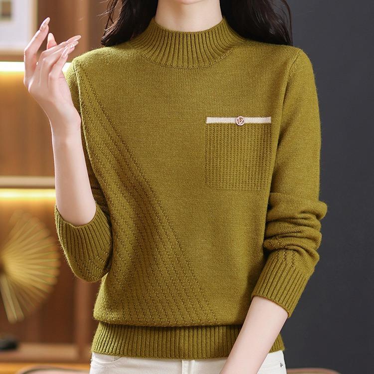 Sweater Women's Solid Color Semi High Neck Knitted Sweater Spring and Autumn Long Sleeved Casual Pullover