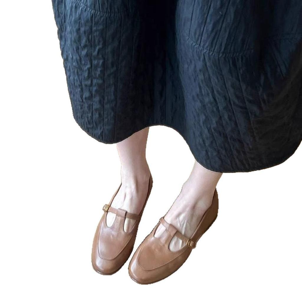 Sheepskin Version! Pink Single Shoes Women's French Round Head Light Mouth T-buckle with Skirt Flat Bottom Mary Jane Small Leather Shoes