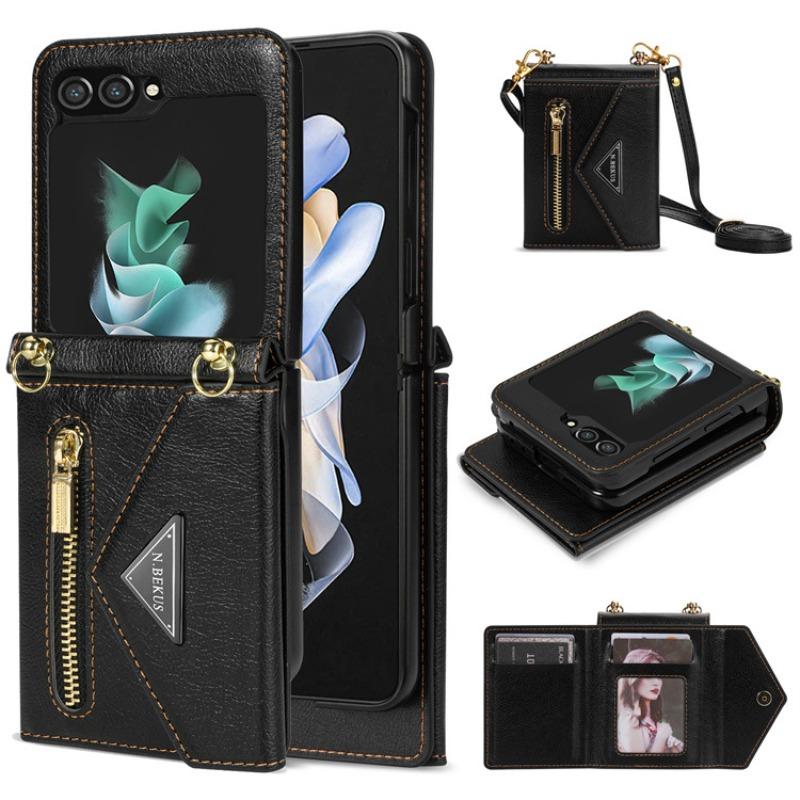 Crossbody Lanyard Leather Phone Case for Samsung Galaxy Z Flip 6 5 4 Flip6 Flip5 Flip4 Zipper Wallet Card Slot Holder Cover