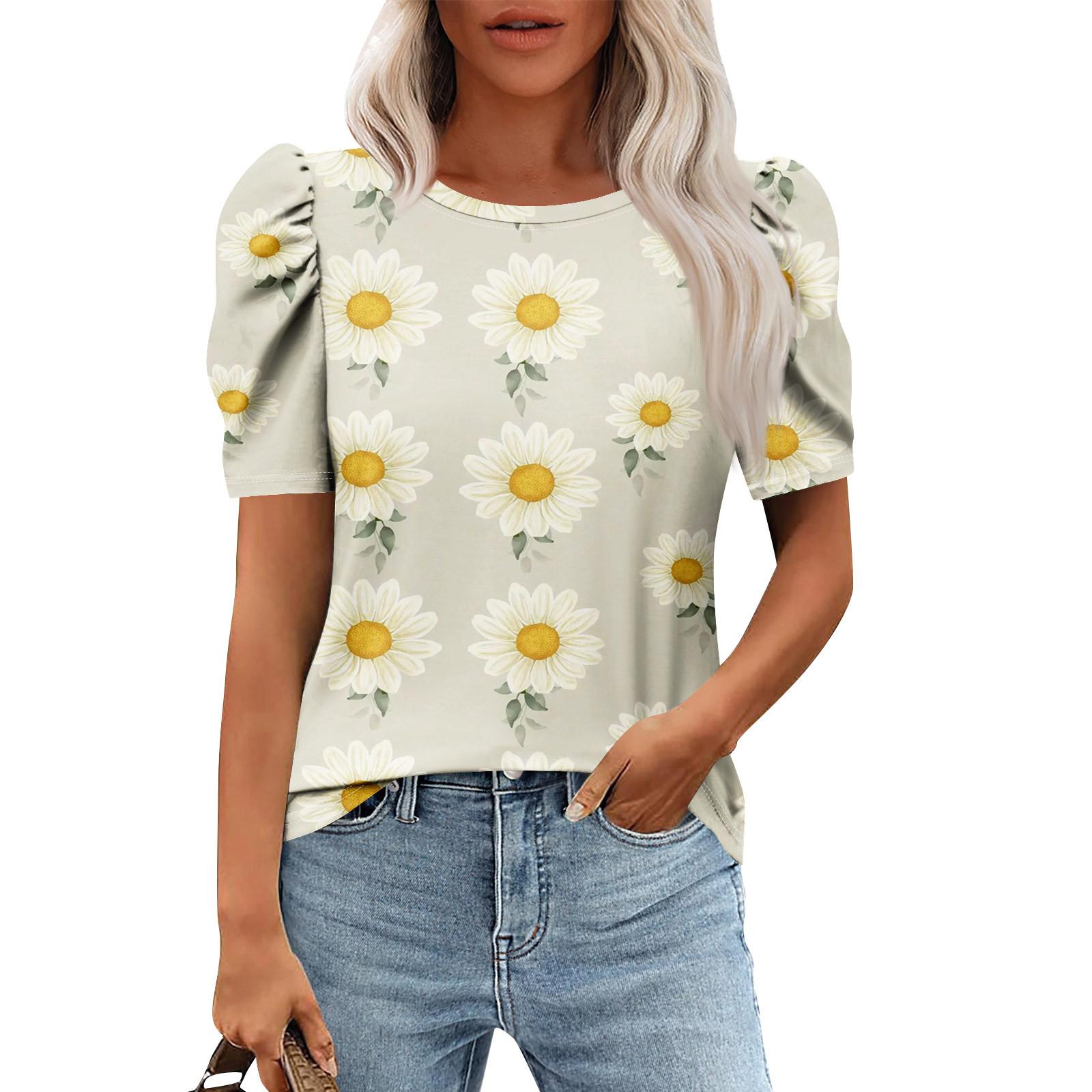 

Женские повседневные топы с коротким рукавом и круглым вырезом с принтом, туники, рубашки, летняя одежда S хаки