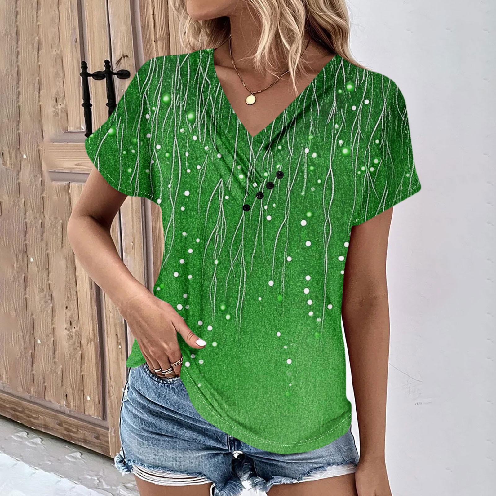 

Летние женские топы с узором для женщин, удобные женские топы с короткими рукавами и v-образным вырезом, футболки большого размера XL зелёный