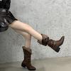 Fashion Vintage Thick Heel Pleated Women Knee High Boots Outdoor Non Slip Shoes Autumn Winter Ladies Knight Long Booties