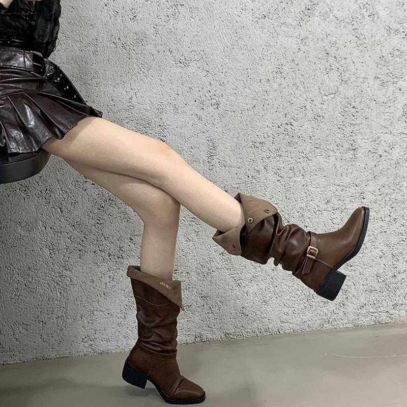 Fashion Vintage Thick Heel Pleated Women Knee High Boots Outdoor Non Slip Shoes Autumn Winter Ladies Knight Long Booties